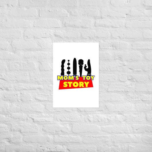 Mom's Toy Poster with bold text on high-quality matte paper against a brick wall background.