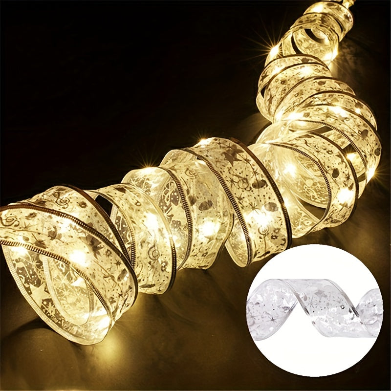 78.74/196.85/393.7inch Golden And Silver Christmas Ribbon Fairy Lights, With Ribbon Bows And Butterfly Decorations, For Garden Home, Living Room, Halloween, Christmas, Wedding Decoration, Christmas Tree Decoration, Novel Ligh Good Vibrations
