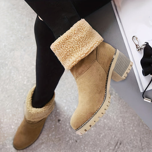 Women's Warm Faux Fur Lined Boots - Slip On Block Heeled Ankle Boots - Soft Faux Fur Lining - For Women - Perfect for Winter & Casual Occasions - Ideal Gift for Fashionable Women Good Vibrations