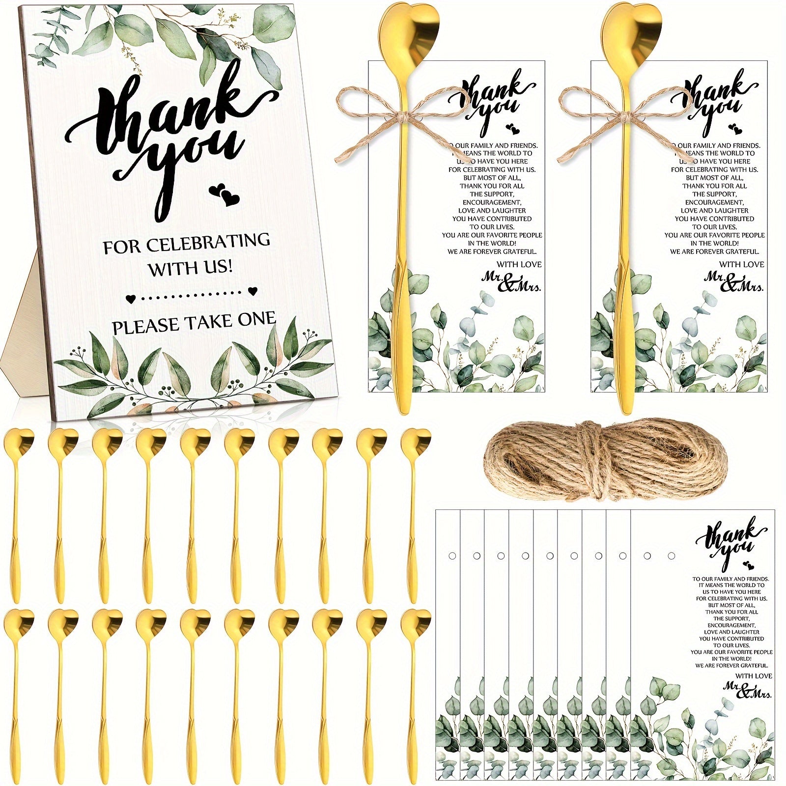 103 pcs 103-Piece Bridal Shower Tea Party Favors: Heart-Shaped Tea Spoons, Greenery Sign, Thank You Cards & Hemp Rope Gifts for Wedding Guests Good Vibrations