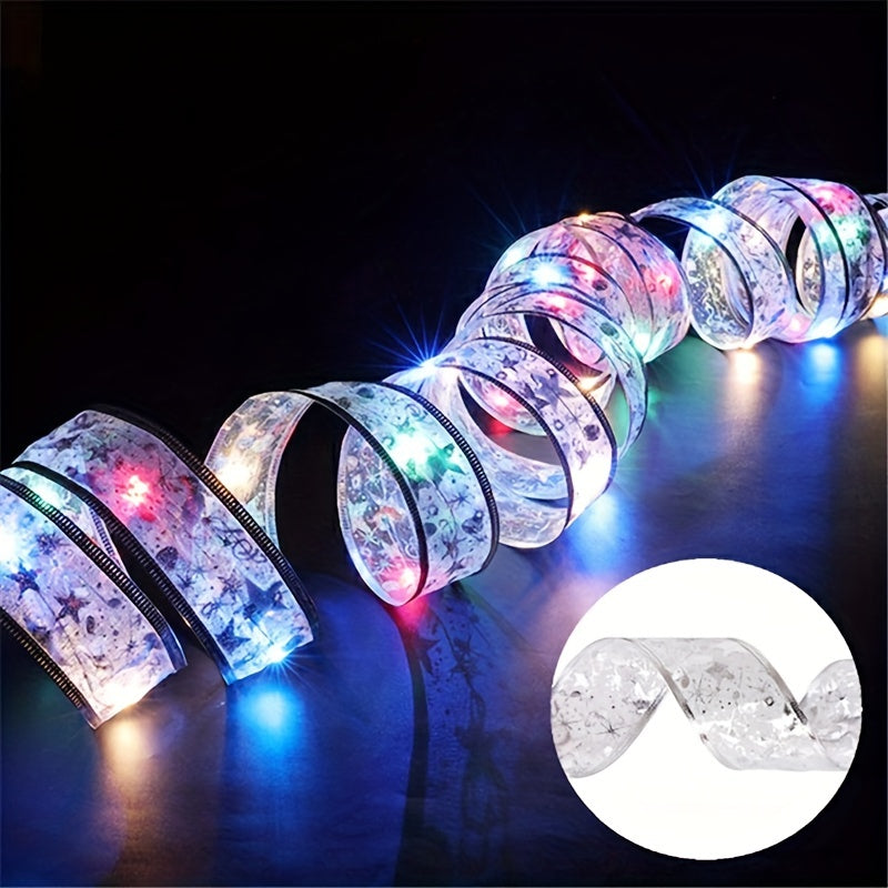 78.74/196.85/393.7inch Golden And Silver Christmas Ribbon Fairy Lights, With Ribbon Bows And Butterfly Decorations, For Garden Home, Living Room, Halloween, Christmas, Wedding Decoration, Christmas Tree Decoration, Novel Ligh Good Vibrations