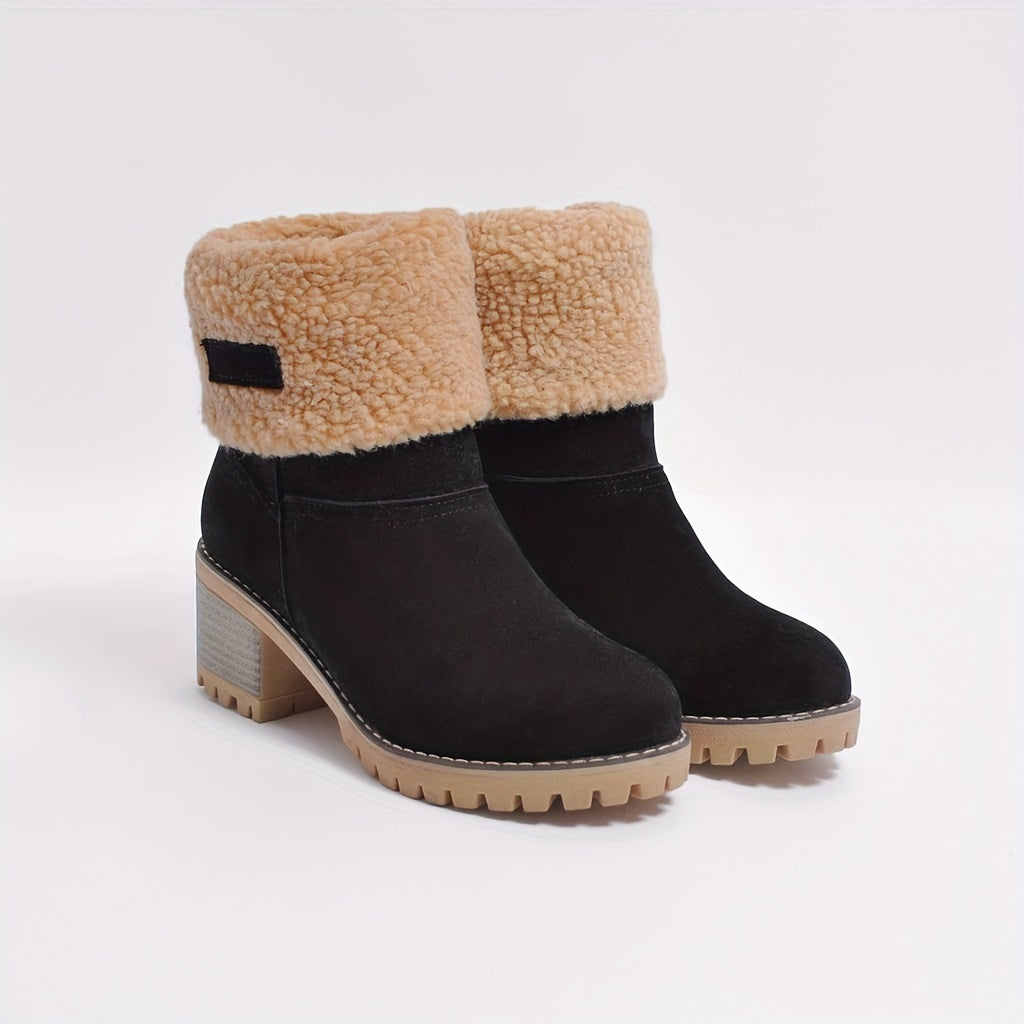 Women's Warm Faux Fur Lined Boots - Slip On Block Heeled Ankle Boots - Soft Faux Fur Lining - For Women - Perfect for Winter & Casual Occasions - Ideal Gift for Fashionable Women Good Vibrations