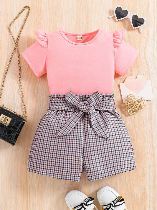 Girls' Casual Summer Outfit: Solid Color Round Neck Short Sleeve T-Shirt and Shorts Set with Belted Waistband, Perfect for Outdoor Good Vibrations