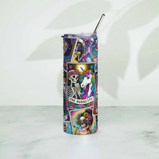 Colorful Tarot stainless steel tumbler with metal straw and lid, featuring vibrant tarot card design.