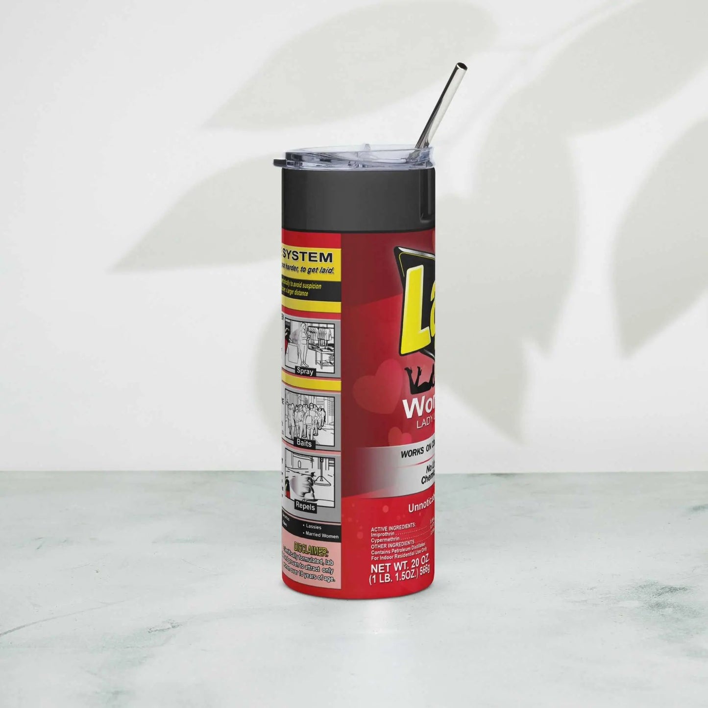 LAID Spray Can stainless steel tumbler with metal straw, 20 oz capacity, on a marble surface.
