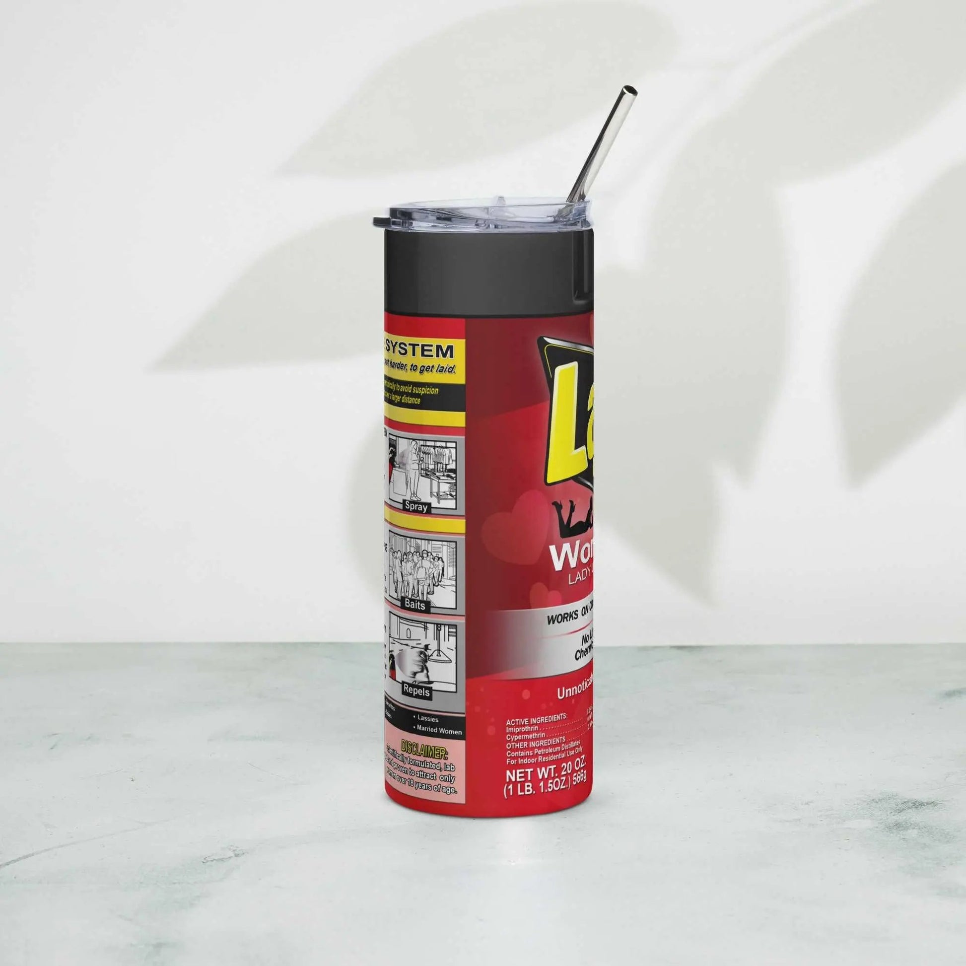 LAID Spray Can stainless steel tumbler with metal straw, 20 oz capacity, on a marble surface.
