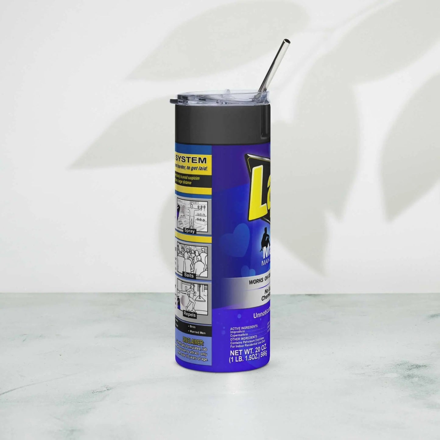 "LAID" Spray Can stainless steel tumbler with metal straw, 20 oz, reusable, stylish design, hand-wash only.