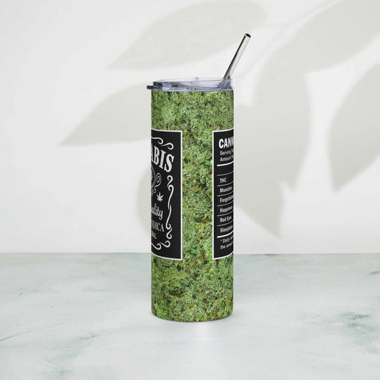 Adult stainless steel tumbler with metal straw and green cannabis pattern.