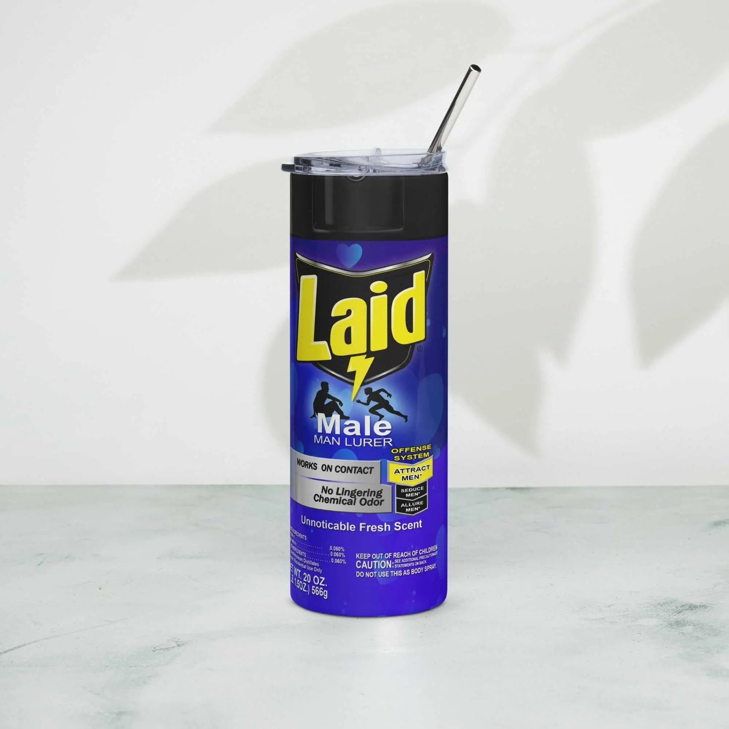Stainless steel tumbler shaped like a "LAID" spray can with metal straw and lid.