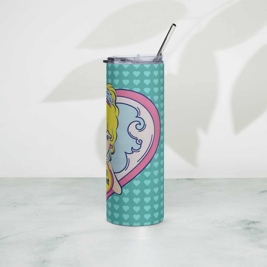 Polly Pocket stainless steel tumbler with metal straw, 20 oz, teal heart design.