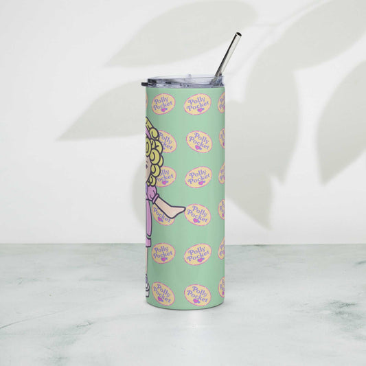 Polly Pocket stainless steel tumbler with metal straw, 20 oz, mint green design.