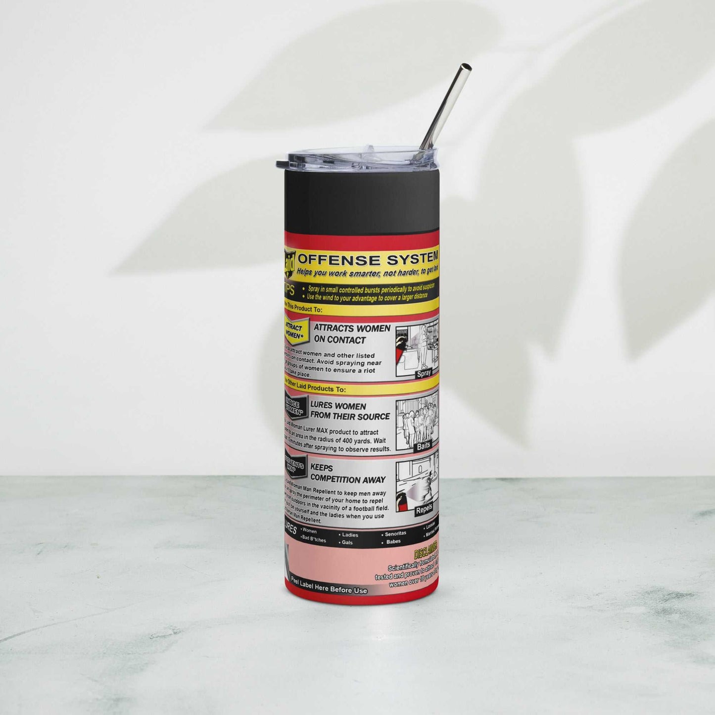 LAID Spray Can stainless steel tumbler with straw, 20 oz capacity.