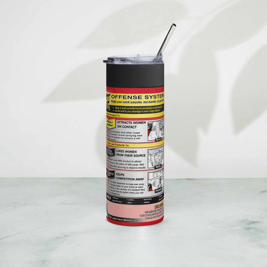 LAID Spray Can stainless steel tumbler with straw, 20 oz capacity.