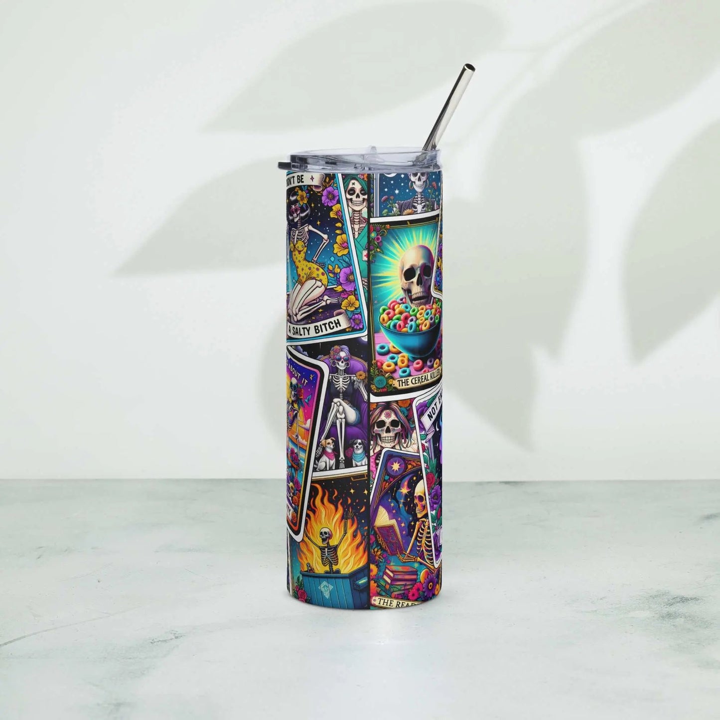 Colorful Tarot tumbler with stainless steel and metal straw.