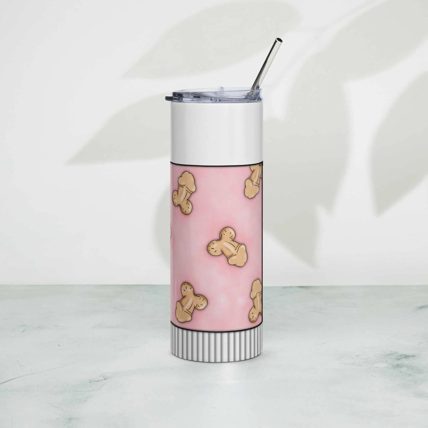 Stainless steel tumbler with metal straw, pink design, 20 oz capacity.