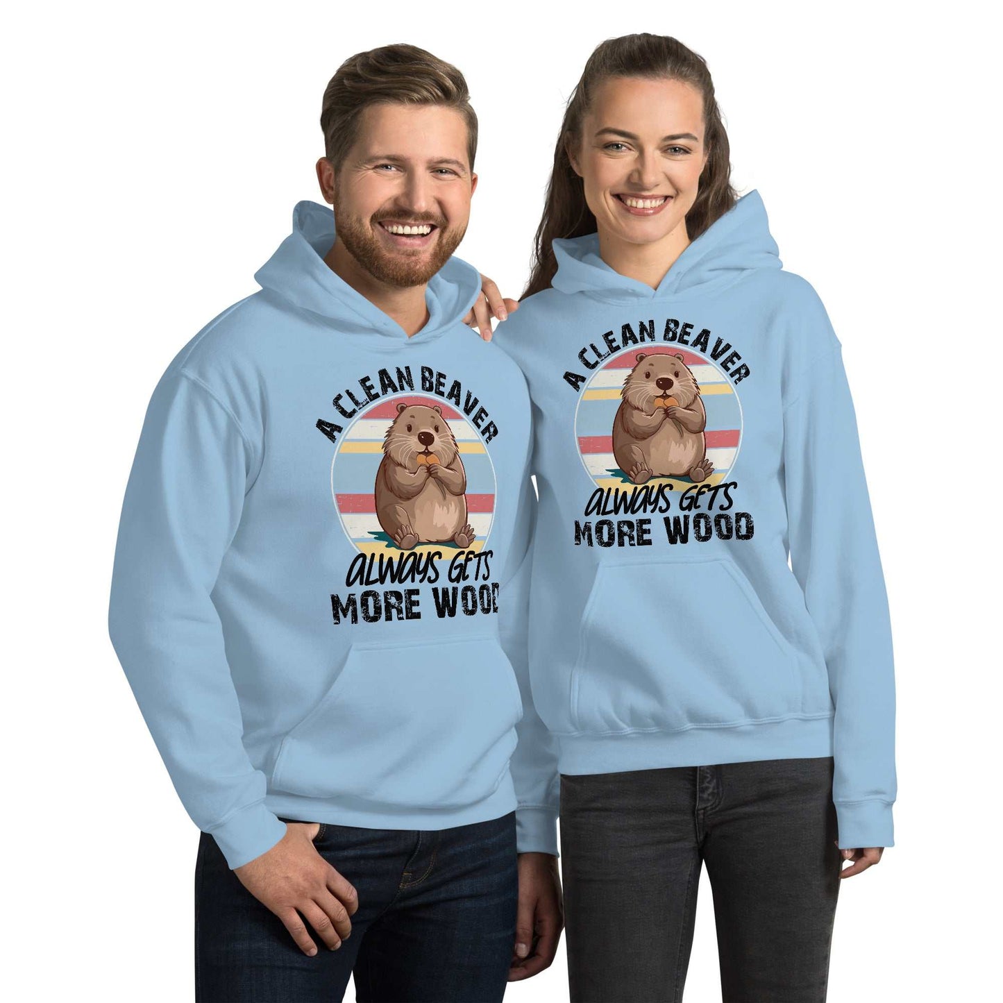 Clean Beaver Hoodie in light blue with beaver graphic and text, featuring cozy design and front pouch pocket.