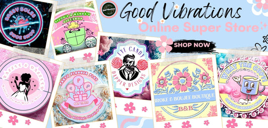 Collage of colorful vintage-style logos for Good Vibrations Online Super Store featuring Sassy Soles Shoe Shop, Gizmo's & Wanda's Giftshop, LYE Candy Dapper Designs, Frazzled & Dazzled, Party Planner Plus, Broke & Boujee Boutique, and What the Cupp!