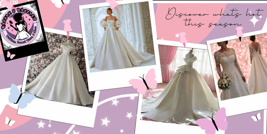 Collage of elegant white wedding and formal gowns from Razzle & Dazzled collection with pink and purple butterfly background and text Discover what's hot this season