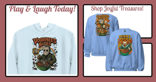 Hoodies with playful horror-themed cereal box designs promoting creative self-care products for joyful expression.