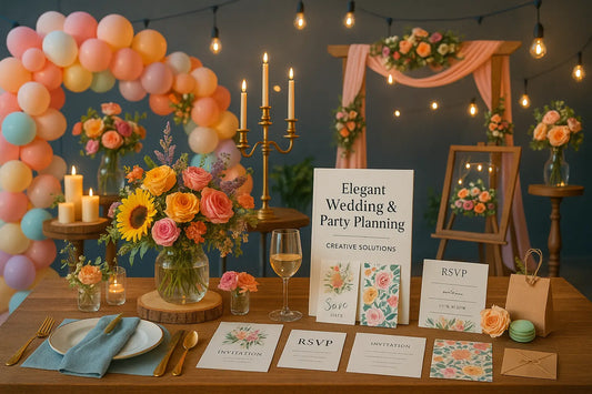 Creative wedding and party planning setup with floral decorations, elegant invitations, candles, and pastel balloon arch
