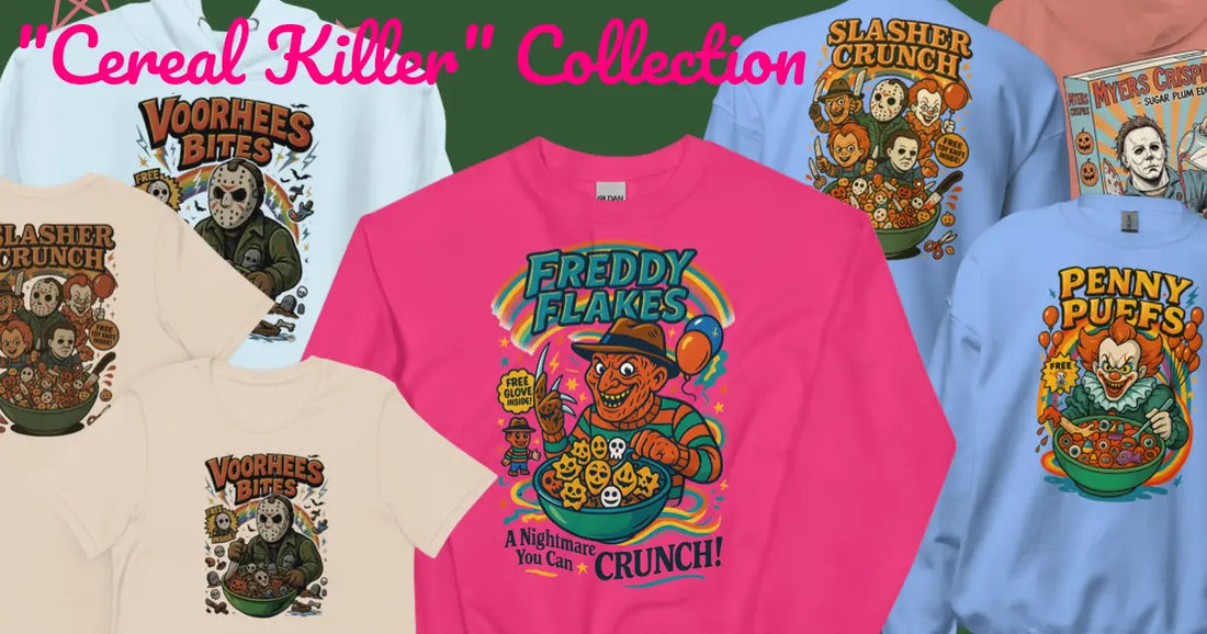 Collection of colorful horror-themed cereal box graphic T-shirts and sweatshirts from the "Cereal Killer" collection at Good Vibrations