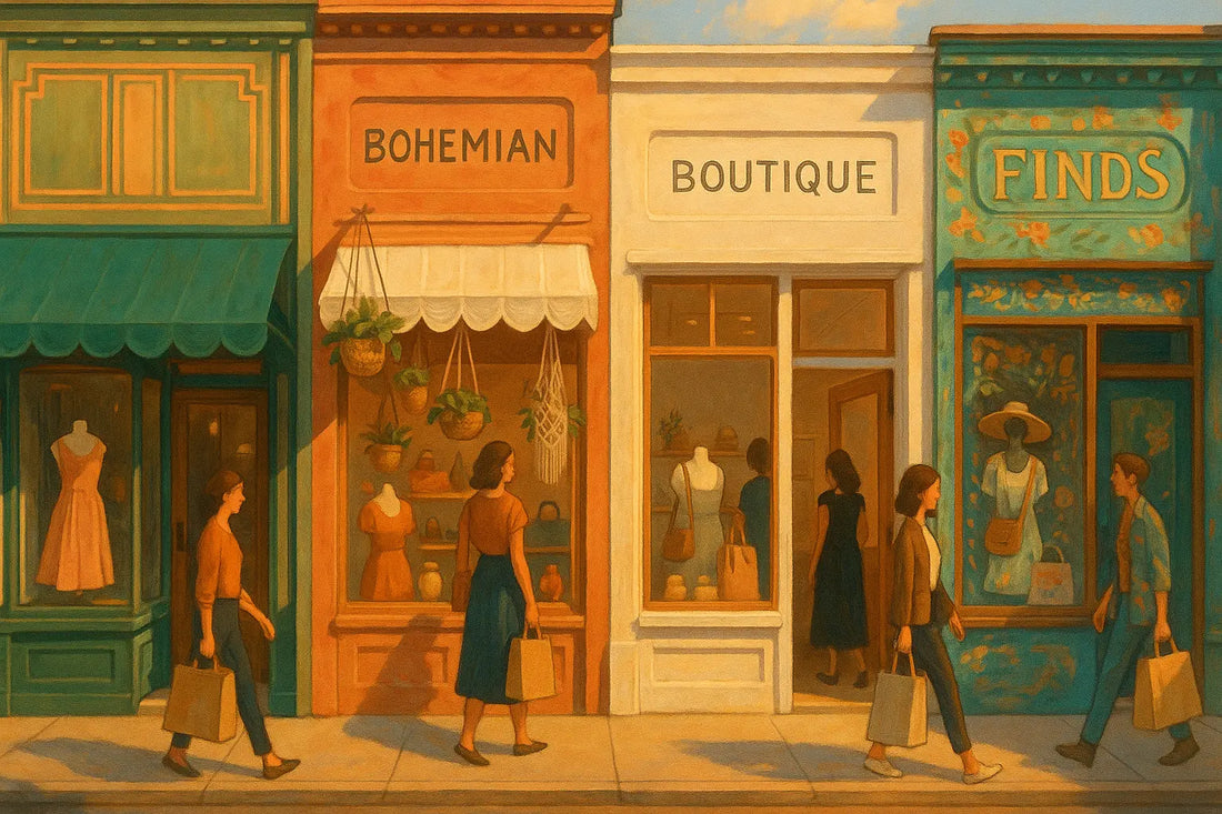 Street view of trendy bohemian boutique shops with shoppers carrying bags and unique fashion displays