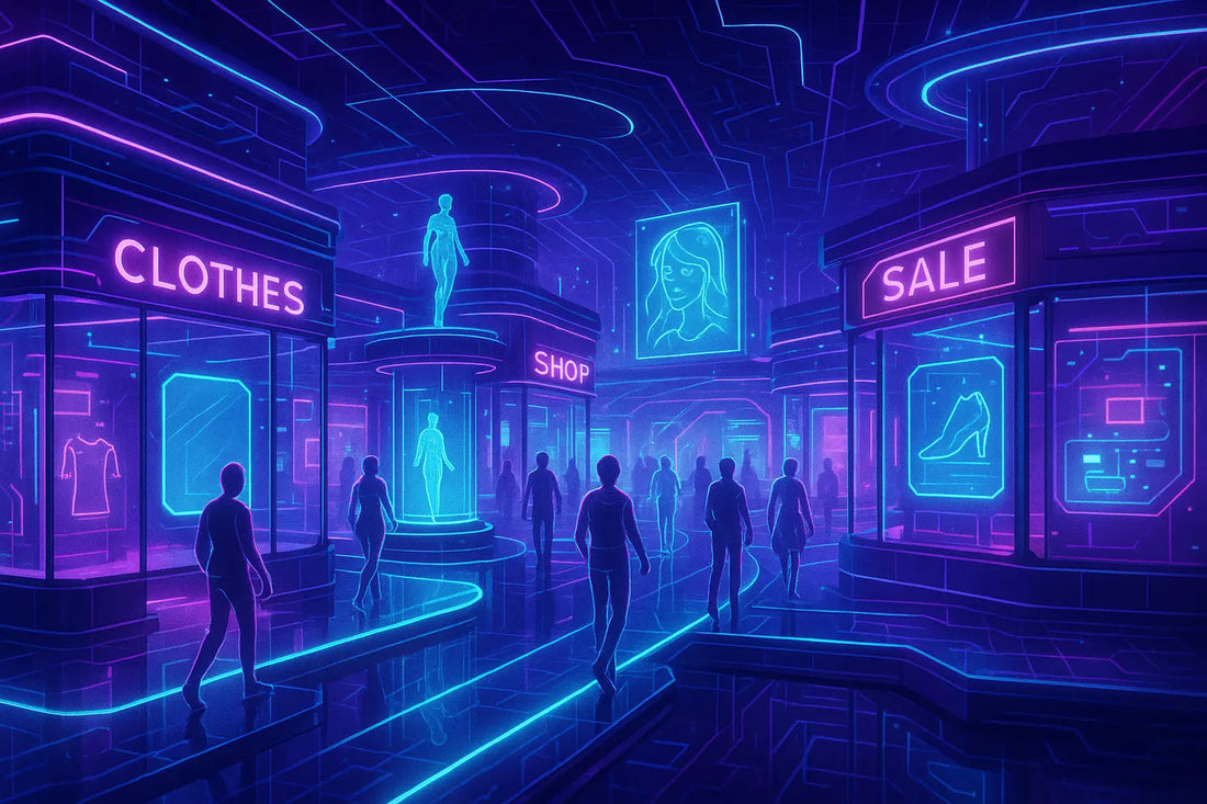 Digital virtual mall interior with neon signs for clothes, shop, and sale and silhouetted shoppers walking