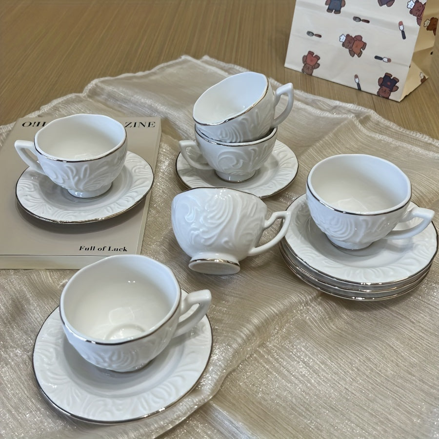 Luxury Floral Embossed Golden-Trimmed Tea Set - 6 Ceramic Cups & Saucers, Microwave Safe, Perfect for Afternoon Tea, Desserts & Gifts Good Vibrations