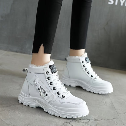 [Warm Fleece-Lined Winter Boots] Warm Fleece-Lined Women's Winter High-Top Boots - Thick Rubber Sole, Lace-Up Casual Style, White & Beige, Perfect for Cold Weather Comfort Good Vibrations