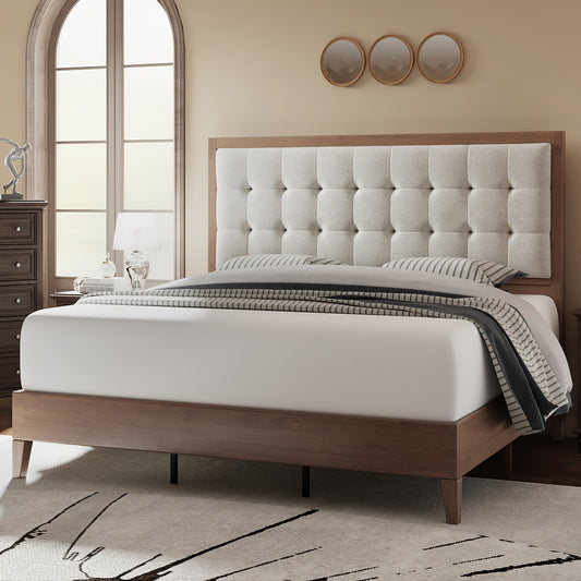 PaPaJet Wood Platform Bed Frame Upholstered Tufted Headboard/Solid Wood Bed No Box Spring Needed Good Vibrations