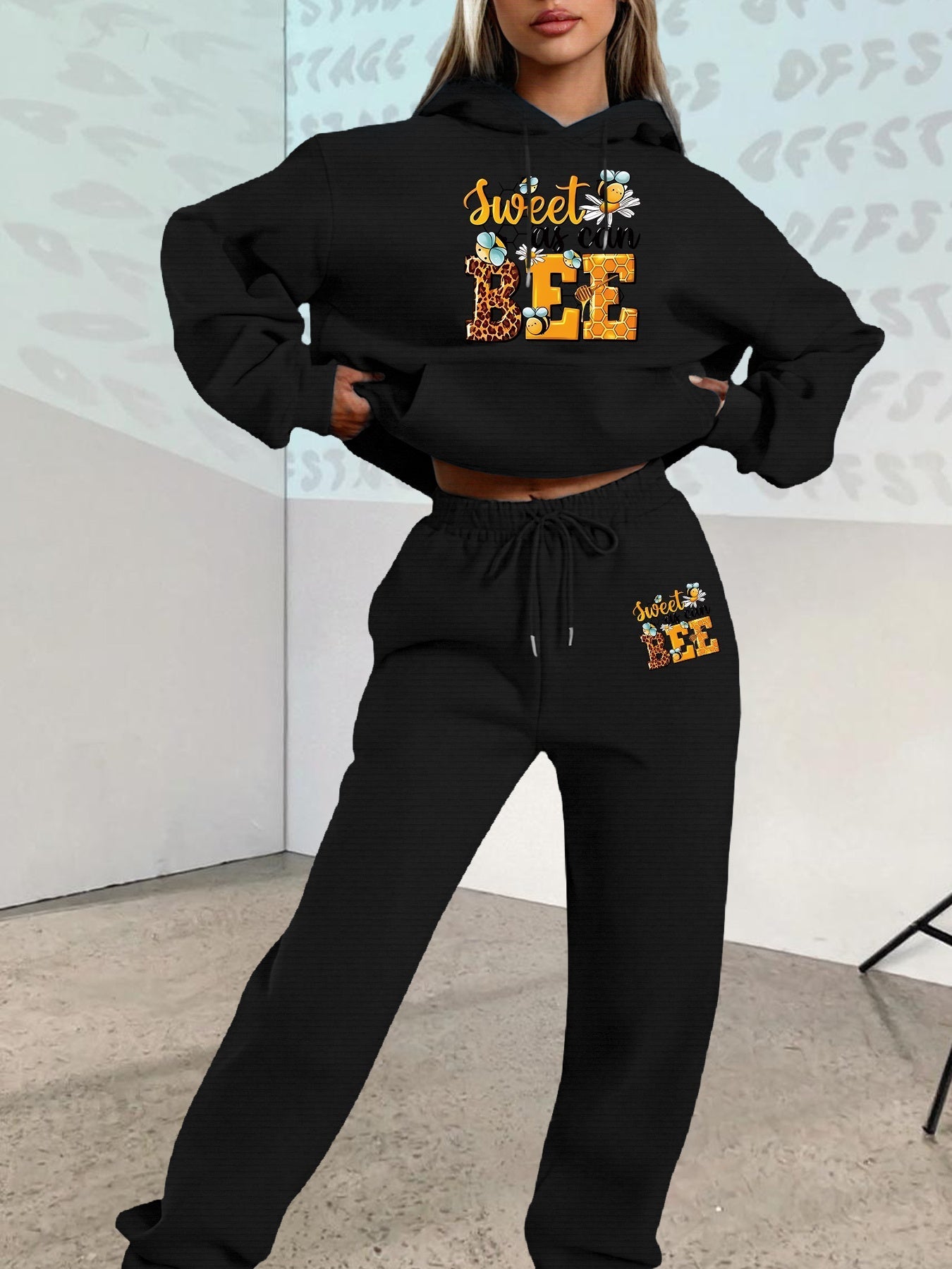 2025 Autumn Winter New Arrival, Sweet Cool Long Neck Deer Pattern Suit, Casual Letter Print Loose Warm Long Sleeve Hooded Sweatshirt with Elastic Drawstring Waist Pants Two-Piece Set, Women Two-piece Set Large Size Striped Ch Good Vibrations