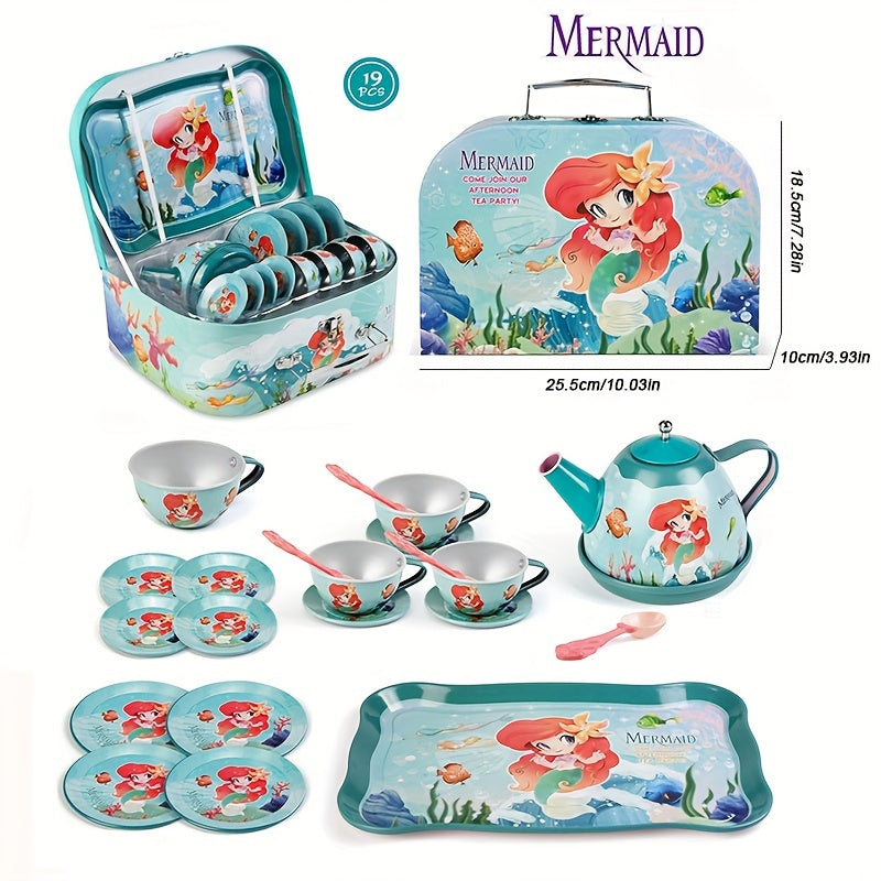 Playful, Enchanting Mermaid Tea Party Set for Girls - 19pcs Tin Tea & Carrying Case, Perfect Princess Kitchen Play Toys for Ages 3-6, Ideal Birthday Gift Good Vibrations