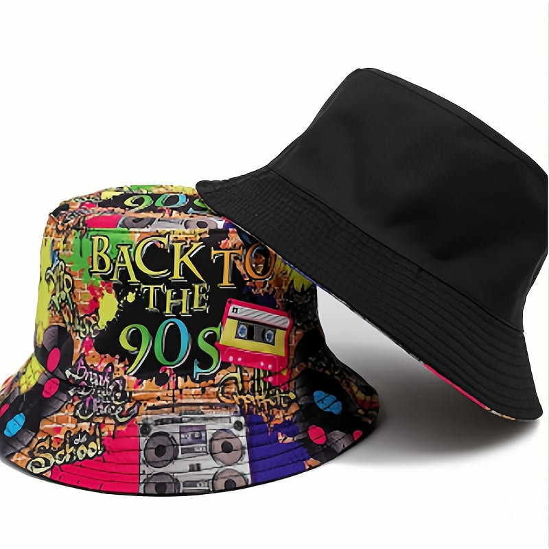1pc Trendy Unisex Sunshade Bucket Hat with 90s Print - Double-Sided for Outdoor Beach - Great Gift Idea Good Vibrations