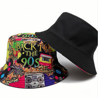 1pc Trendy Unisex Sunshade Bucket Hat with 90s Print - Double-Sided for Outdoor Beach - Great Gift Idea Good Vibrations