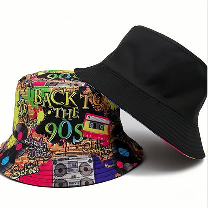 1pc Trendy Unisex Sunshade Bucket Hat with 90s Print - Double-Sided for Outdoor Beach - Great Gift Idea Good Vibrations