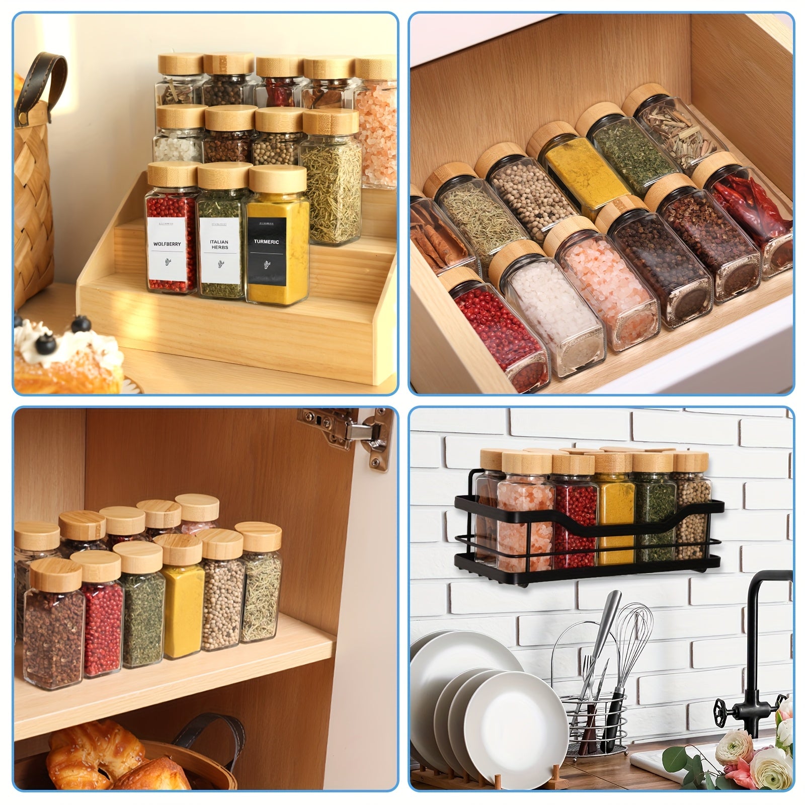 24 Glass Spice Jars with Label, Bamboo Spice Jar Set 4oz Seasoning Containers with Labels, with 2pcs Pepper Grinder, Spice Bottles Funnel, Empty Spice Jars and Shaker Lids Spice Containers Good Vibrations