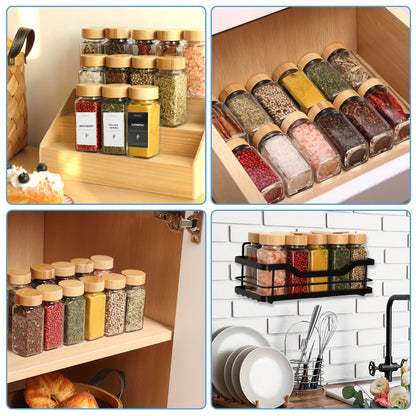 24 Glass Spice Jars with Label, Bamboo Spice Jar Set 4oz Seasoning Containers with Labels, with 2pcs Pepper Grinder, Spice Bottles Funnel, Empty Spice Jars and Shaker Lids Spice Containers Good Vibrations