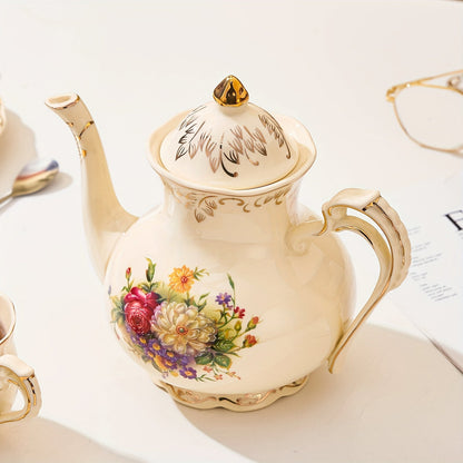 1pc Exquisite Floral Ceramic Coffee Pot - Retro Palace Style Blooming Tea Infuser, European-Inspired Afternoon Tea Set, Round Shaped, Flowers Patterned, Perfect for Home, Office, Hotel, Christmas, Thanksgiving, Valentines Day Good Vibrations