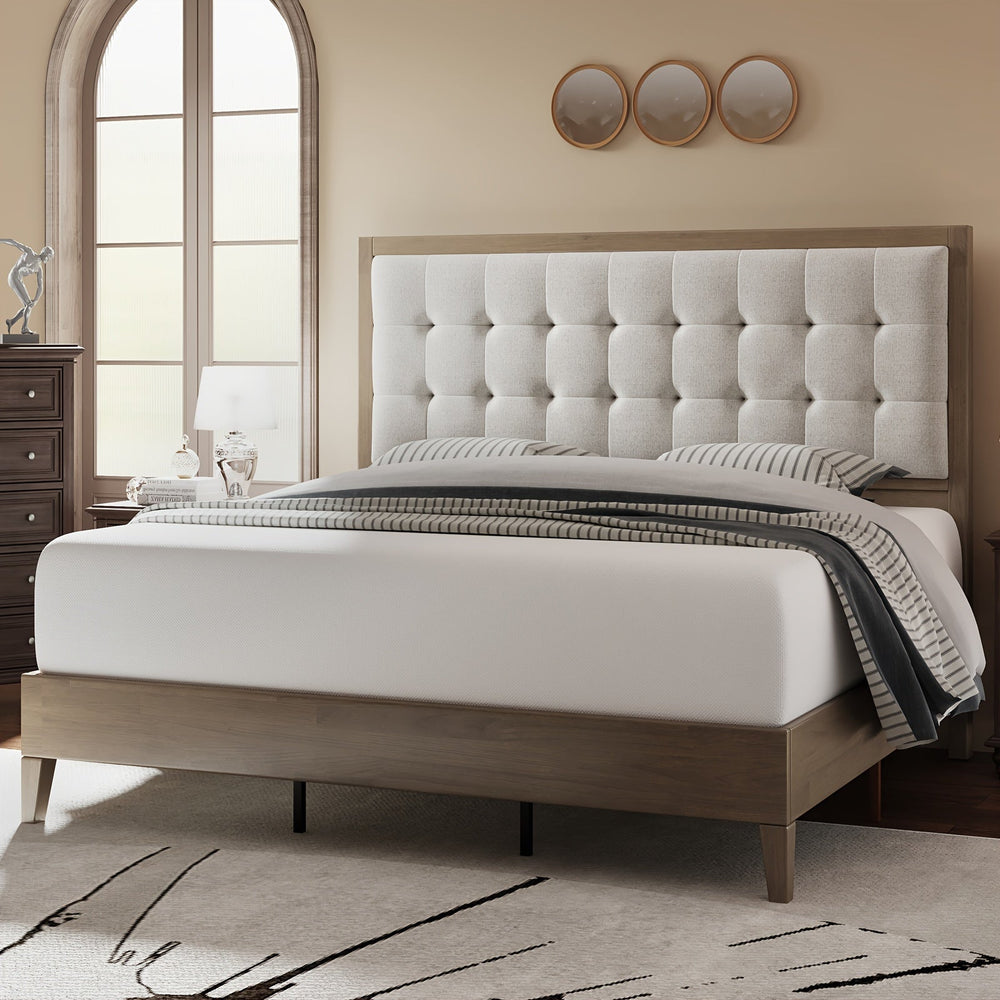 PaPaJet Wood Platform Bed Frame Upholstered Tufted Headboard/Solid Wood Bed No Box Spring Needed Good Vibrations