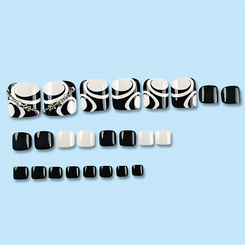 24-Piece Black Square Short Nail Tips Set with Glitter Accent and 3D Rhinestone Stripes - Glossy Finish Good Vibrations
