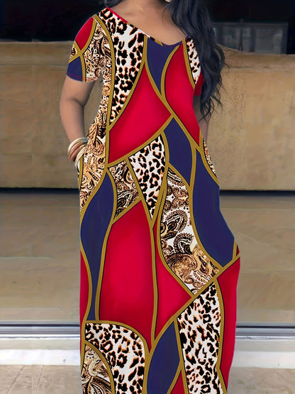 [Tie Dye Maxi Dress] Elegant Plus Size Maxi Dress | Women's Tie Dye Print Short Sleeve with Pocket, Medium Stretch Long Dress Good Vibrations