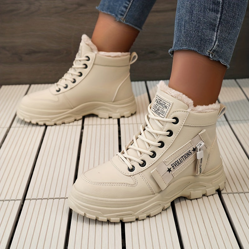 [Warm Fleece-Lined Winter Boots] Warm Fleece-Lined Women's Winter High-Top Boots - Thick Rubber Sole, Lace-Up Casual Style, White & Beige, Perfect for Cold Weather Comfort Good Vibrations
