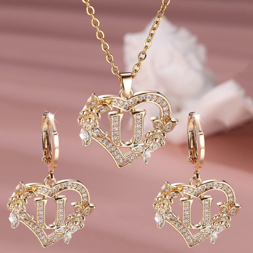 3pcs Women's Jewelry Set - Heart-Shaped Interlocking Link Necklace & Earrings with 26-Letter Monogram, Elegant Golden-Tone -Accented Letters, Dainty Everyday Gift for Mother's Day, Graduation, Birthdays (Pink & Clear Good Vibrations