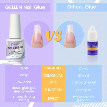 Gellen Gel Nail Glue 3 in 1 Gel Tips Nail Glue for Acrylic Nail Extension Super Strong Adhesive Bond Long Lasting Brush on Nail Glue Gel for Nail Tips Base Coat Slip Solution Curing Needed Good Vibrations