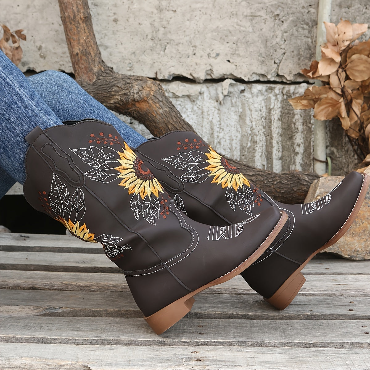 [Mid Calf Embroidered Western Boots] Women's Embroidered Mid Calf Western Boots, Faux Leather Fashion Boots, Women's Footwear Good Vibrations