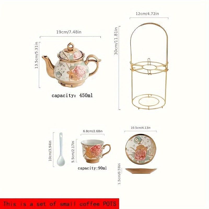 14-Piece European Ceramic Tea Set with Metal Stand, Elegant Floral Design, Holiday Theme for Afternoon Tea & Gift Giving Good Vibrations