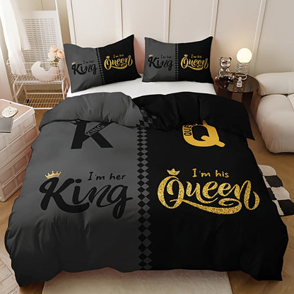 3pcs Black & Grey Crown Lettering Duvet Cover Set (1 Duvet Cover + 2 Pillowcases) - High Definition Printing For Home & Dorm Decor, Comforter Not Included Good Vibrations