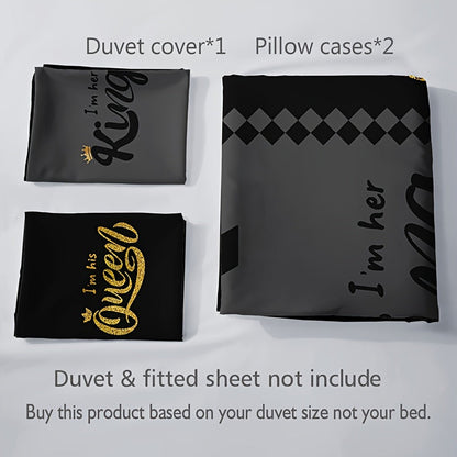 3pcs Black & Grey Crown Lettering Duvet Cover Set (1 Duvet Cover + 2 Pillowcases) - High Definition Printing For Home & Dorm Decor, Comforter Not Included Good Vibrations
