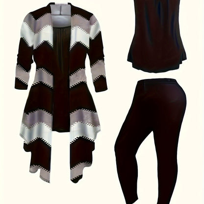 Women'S 3pcs Winter Warmth Set - Oversized Sleeveless Top & Leggings with Geometric Pattern, Soft Stretchy Fabric, Loose Fit Coordinated Outfits in Orange/Blue/Black/Green | Machine Washable Casual to Formal Wear for Office, Good Vibrations