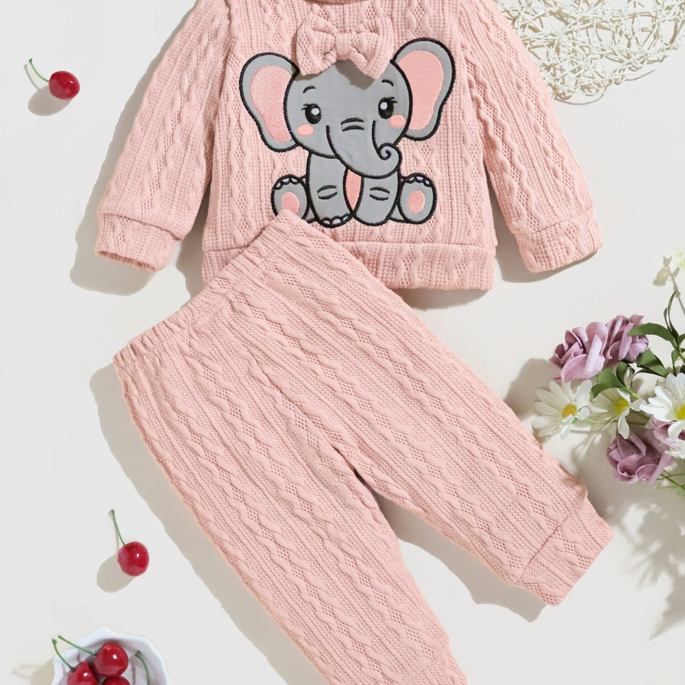 2pcs Baby's Bow Elephant Patchwork Warm Sweater + Casual Knitted Pants, Toddler & Infant Girl's Clothing Set Good Vibrations